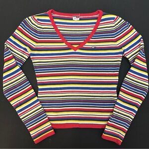 Vintage Tommy Hilfiger Women's Multicolor Striped V-Neck Top Small